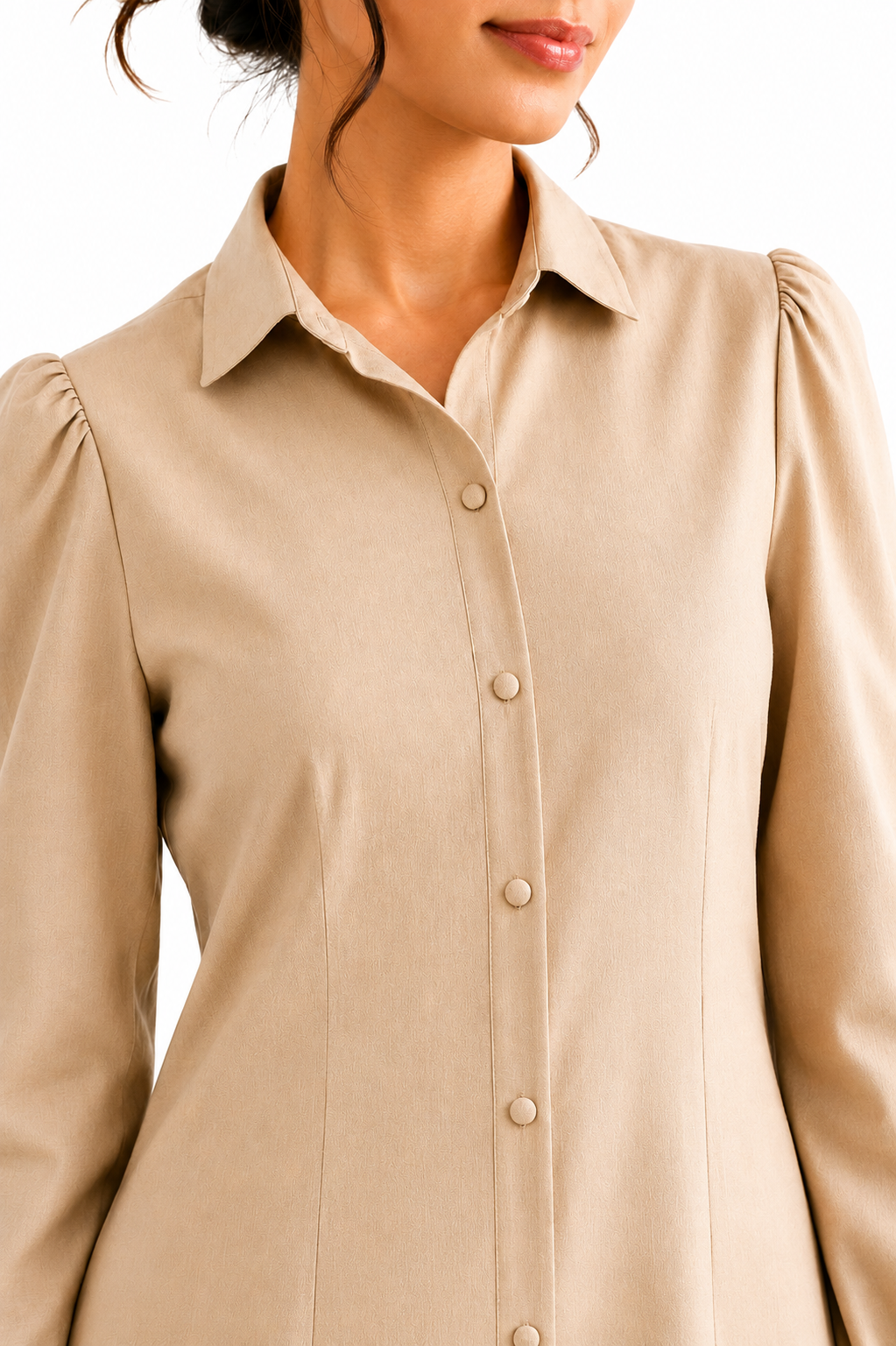 Ibrik Shirt Dress — camel button-front ethnic fusion shirt dress for women, handcrafted, House of Falguni