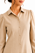 Ibrik Shirt Dress — camel button-front ethnic fusion shirt dress for women, handcrafted, House of Falguni