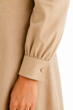 Ibrik Shirt Dress — camel balloon-sleeve midi shirt dress for women, ethnic fusion workwear, House of Falguni