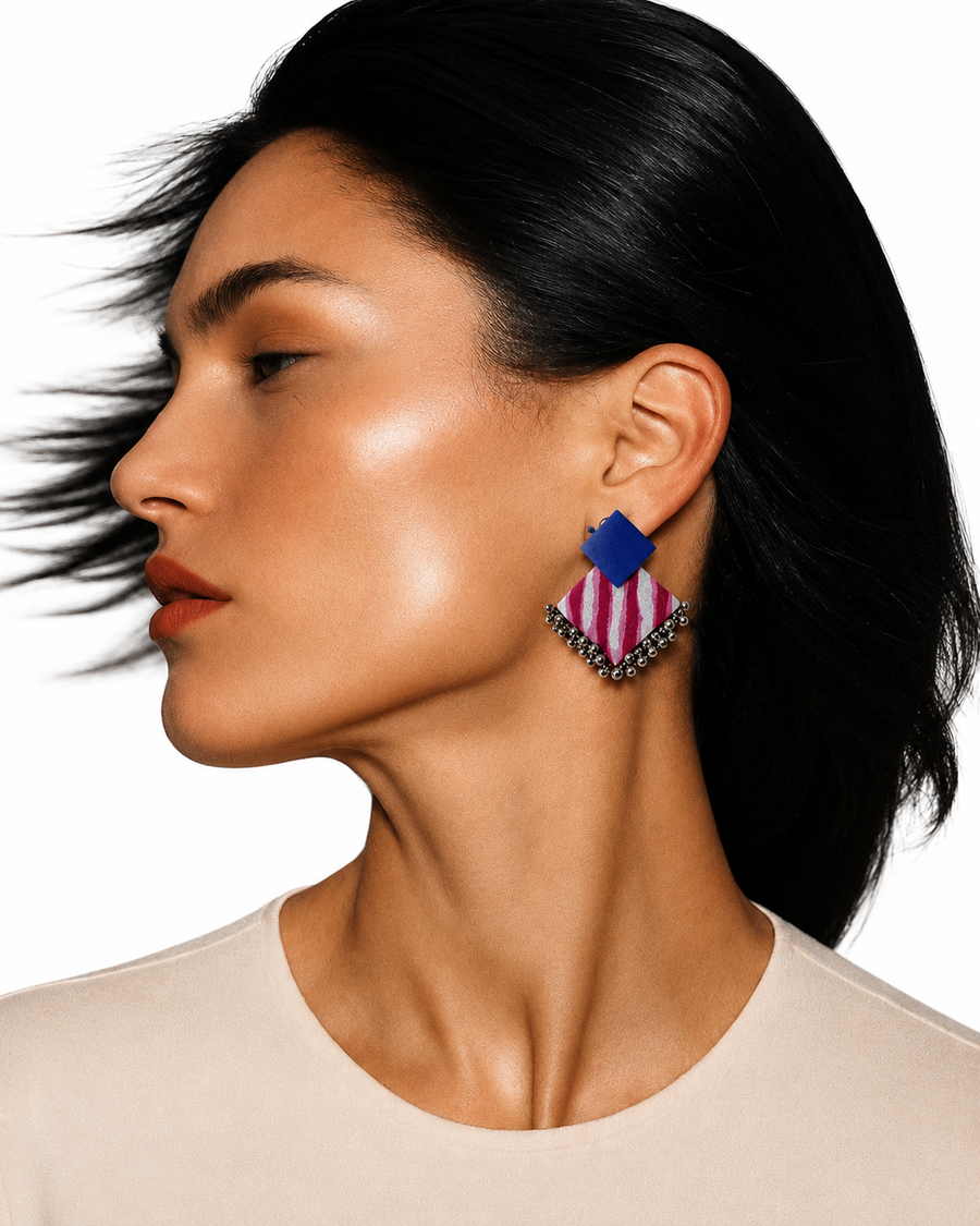 Geometric Ghungroo Earrings — handcrafted geometric fabric ghungroo earrings for women, House of Falguni