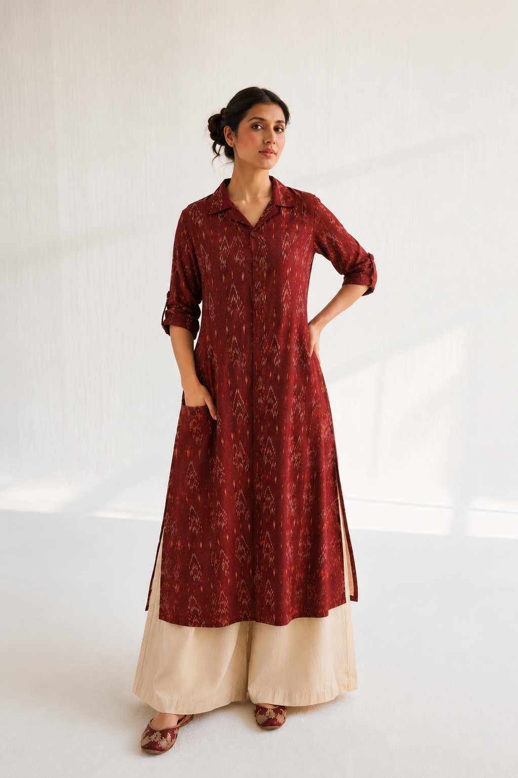 Ruby Raga collar kurta for women — maroon ikat ethnic top, detail