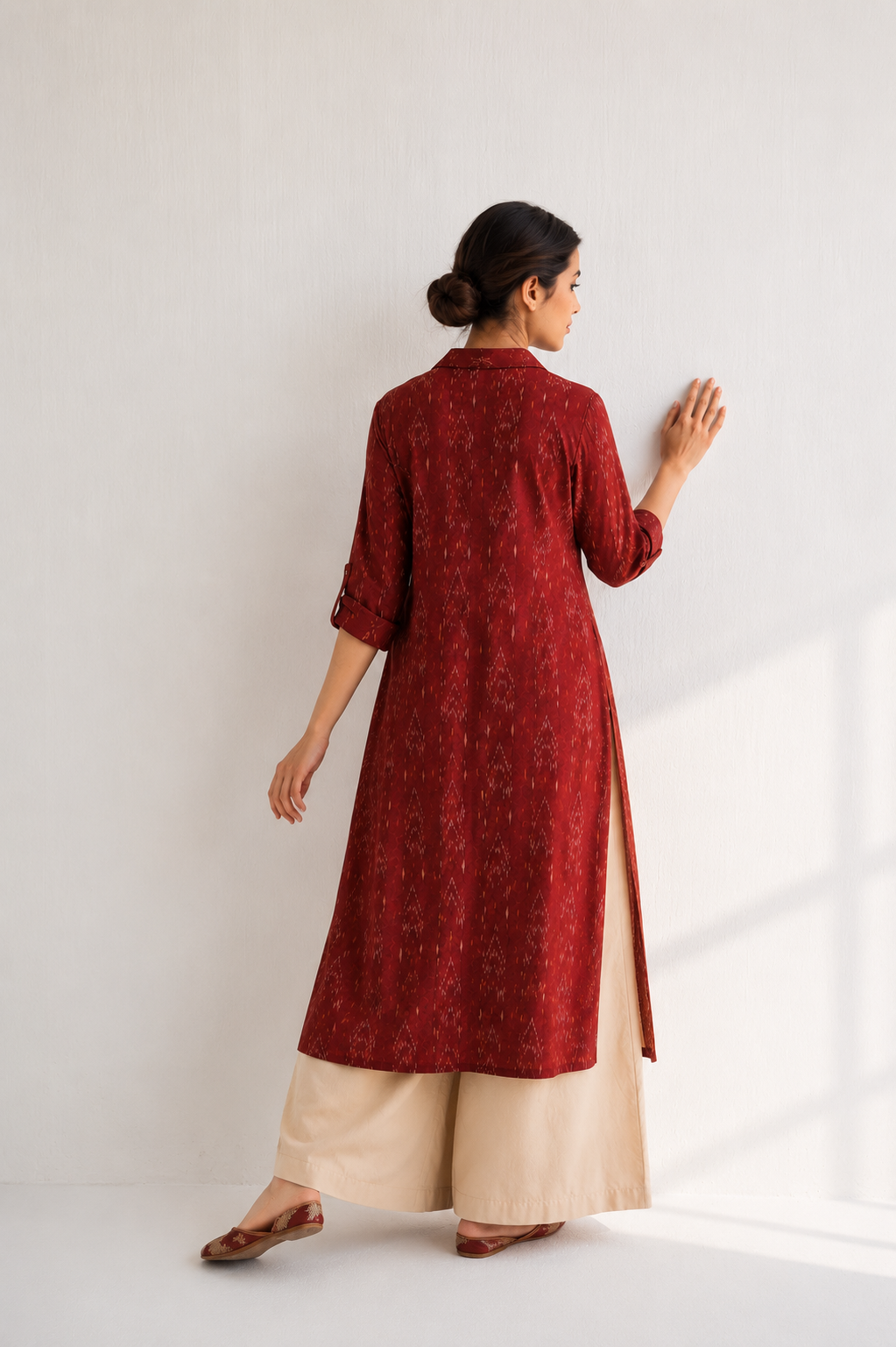 Ruby Raga kurti for women — maroon ikat collar kurta, side view India