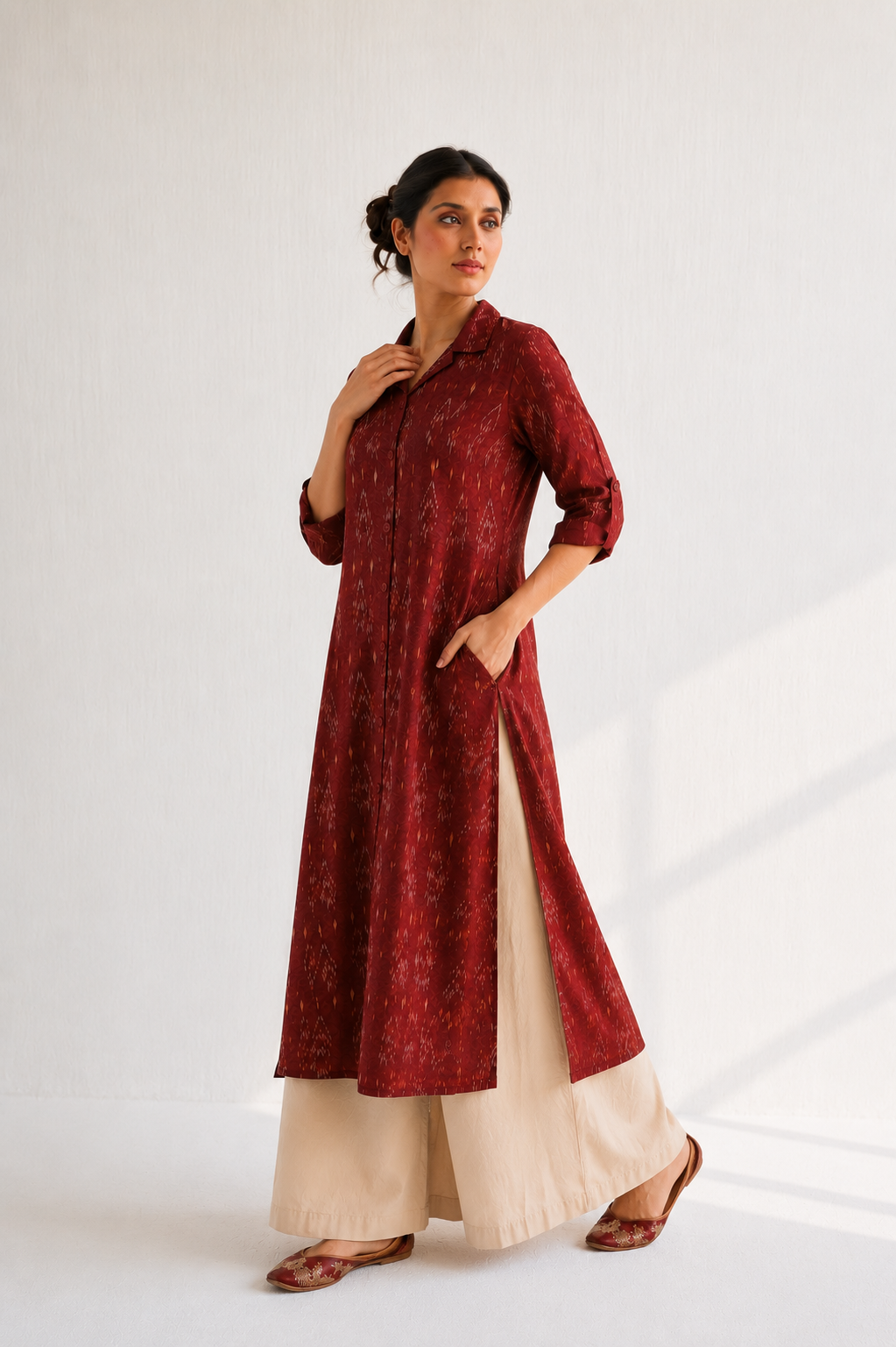 Ruby Raga collar kurta for women — maroon ikat ethnic fusion kurti, front view India