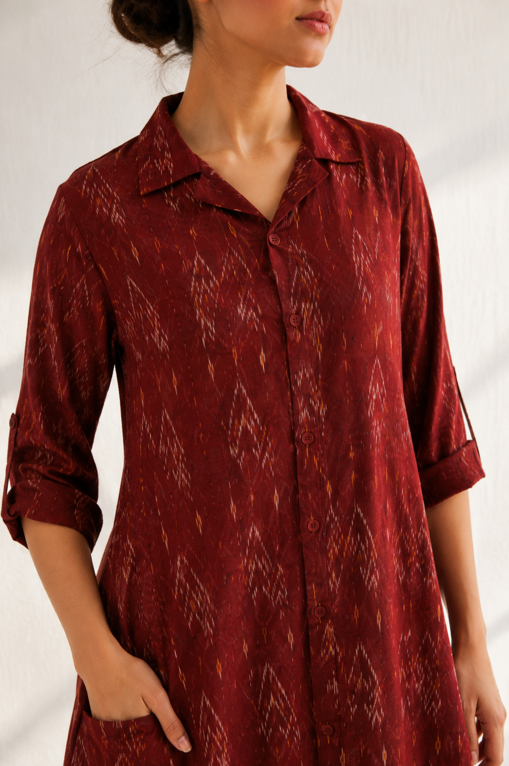 Ruby Raga kurti for women — maroon ikat collar kurta, styled India