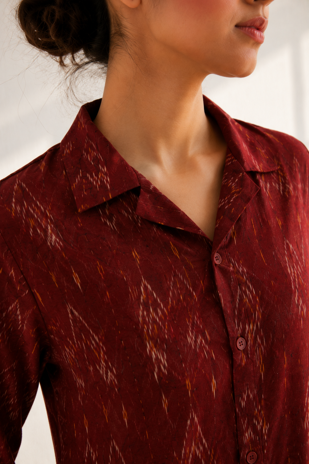 Ruby Raga collar kurta — maroon ikat kurti for women, back view