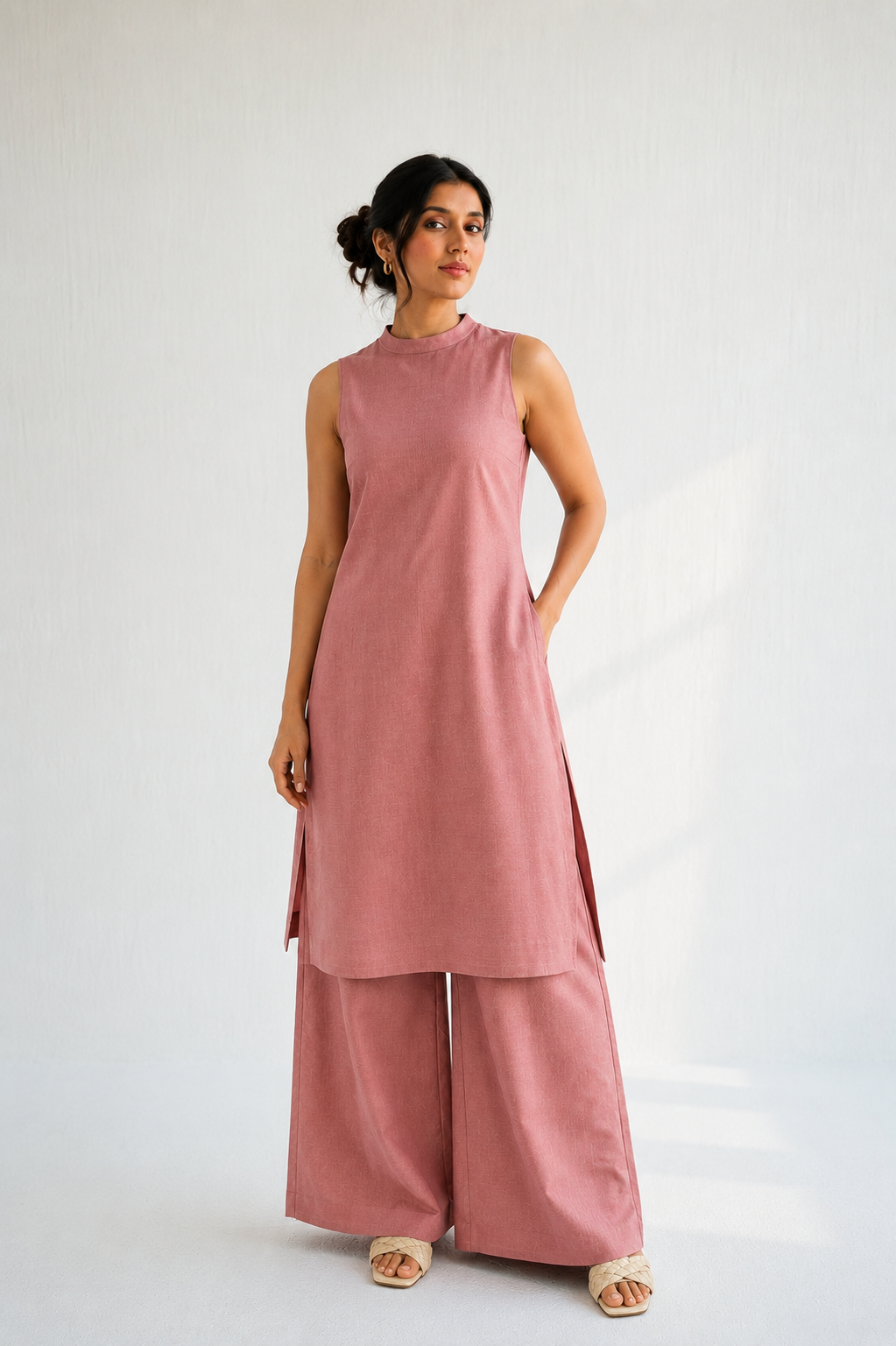 Gulshan halter neck co-ord set for women — pink wide-leg co-ord, detail