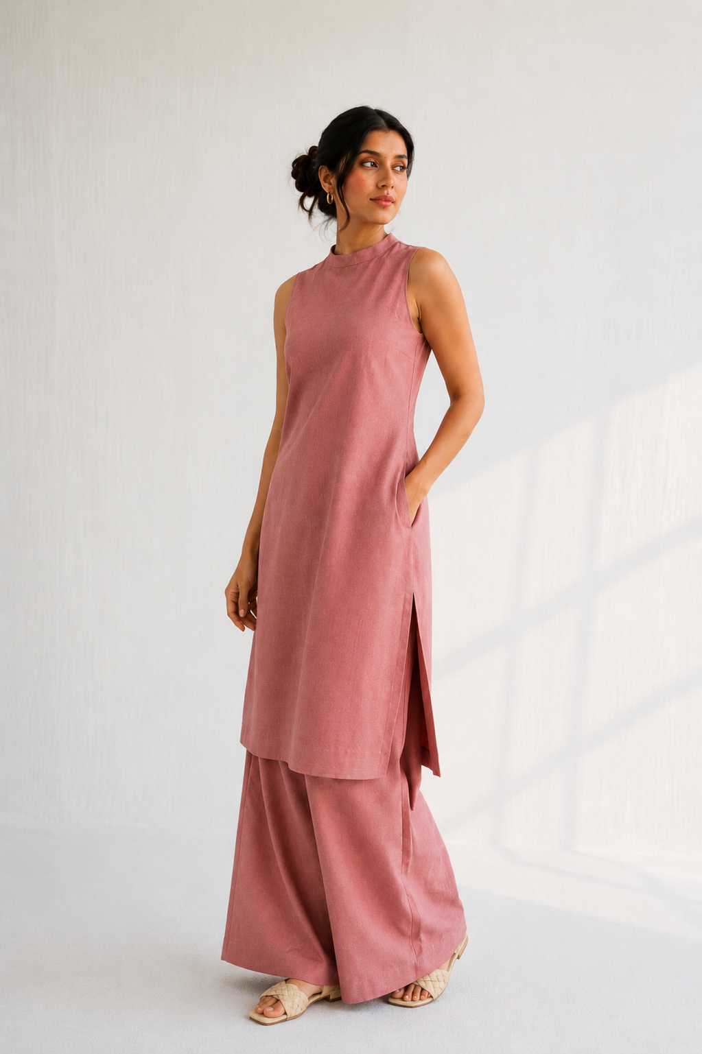 Gulshan halter neck co-ord set for women — blush pink ethnic fusion top and wide-leg set India
