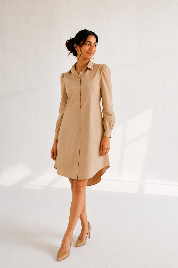 Ibrik Shirt Dress for women — camel ethnic fusion midi shirt dress with balloon sleeves India