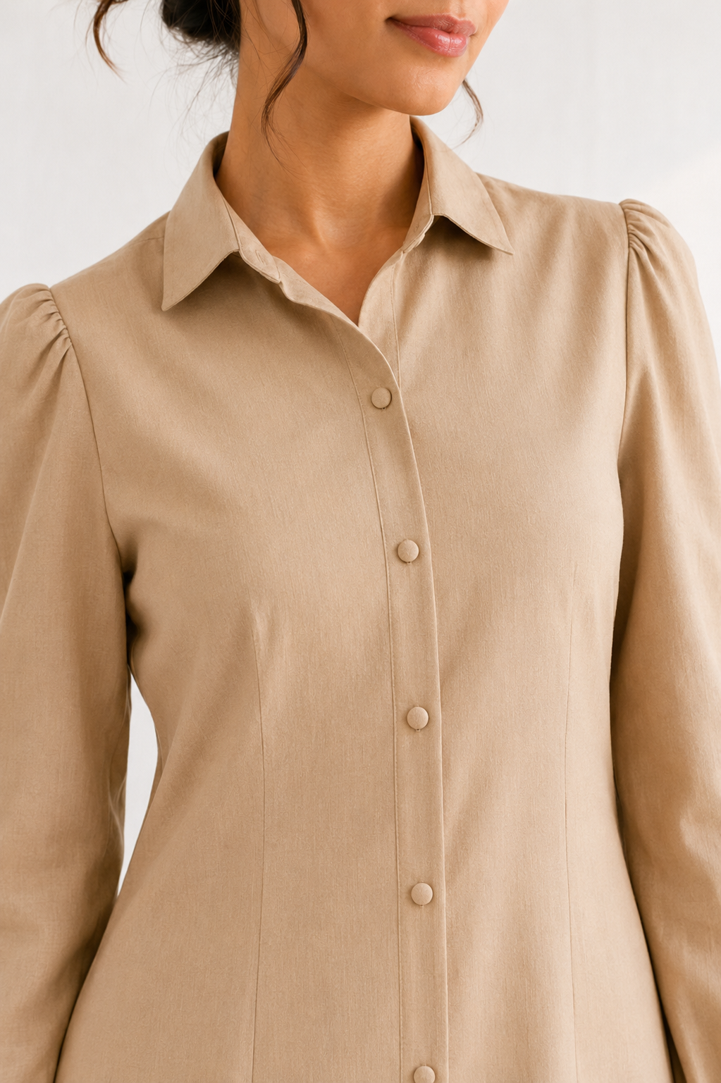 Ibrik Shirt Dress — camel workwear shirt dress for women, side view