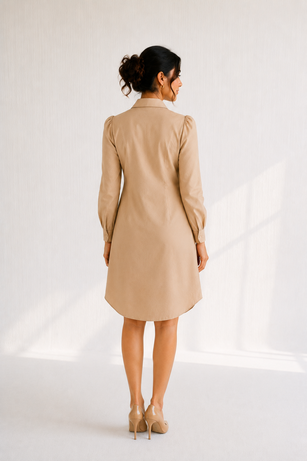 Ibrik Shirt Dress — camel midi shirt dress for women, back view