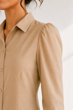 Ibrik Shirt Dress — camel balloon-sleeve ethnic fusion shirt dress for women, styled