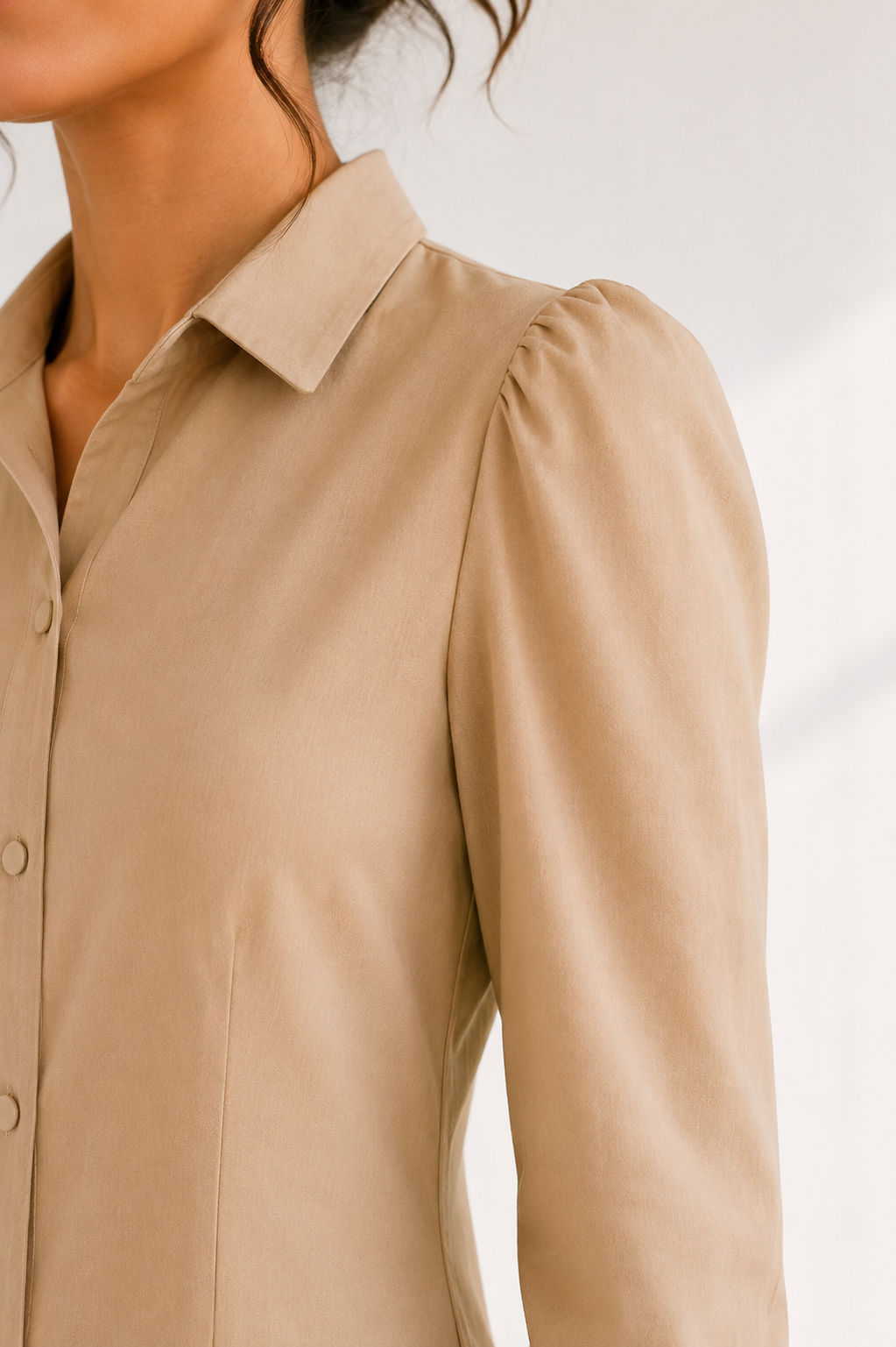 Ibrik Shirt Dress — camel balloon-sleeve ethnic fusion shirt dress for women, styled