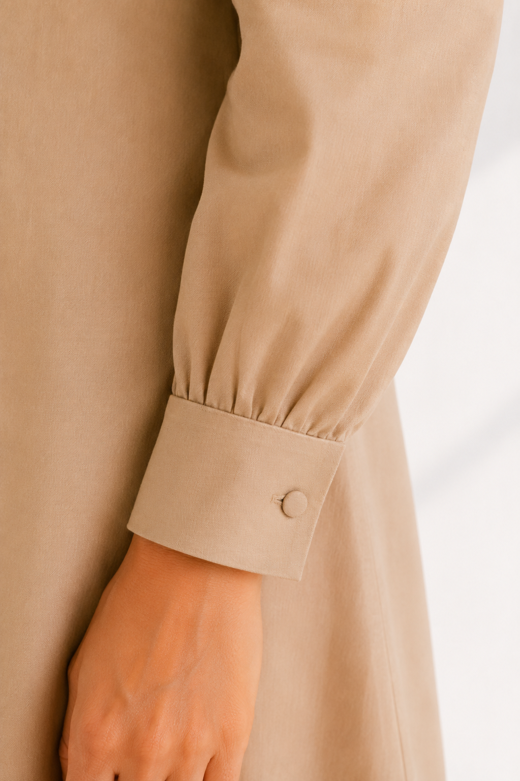Ibrik Shirt Dress — camel ethnic fusion midi dress for women, detail