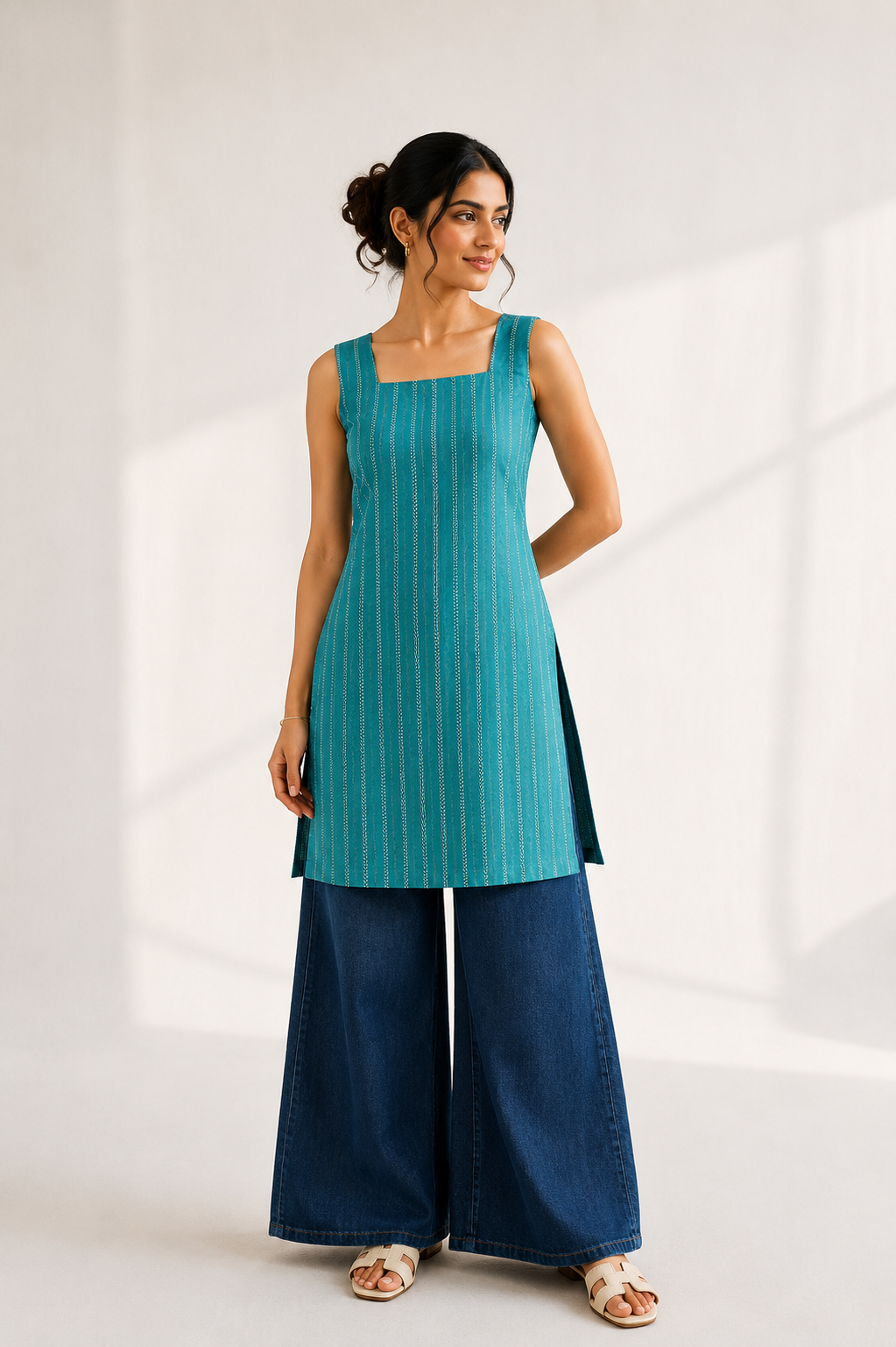 Nilkamal short kurti for women — teal ethnic fusion kurti, front view India