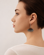 Side profile with the Neel Katha fabric jhumka hanging below the ear