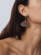 Marigold Zigzag jhumka worn with short dark hair, zigzag dome above a silver bead fringe
