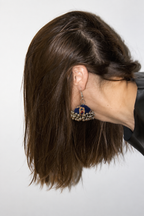 Navy fabric jhumka earring with fine multicolour motifs and a silver bead fringe — House of Falguni