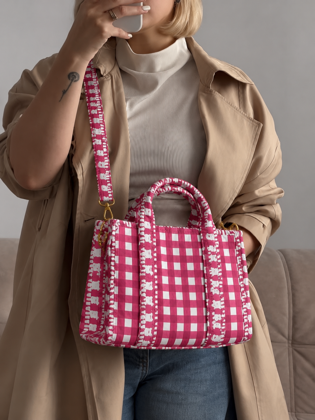 Rani fuchsia and white gingham mini tote worn crossbody over a trench coat