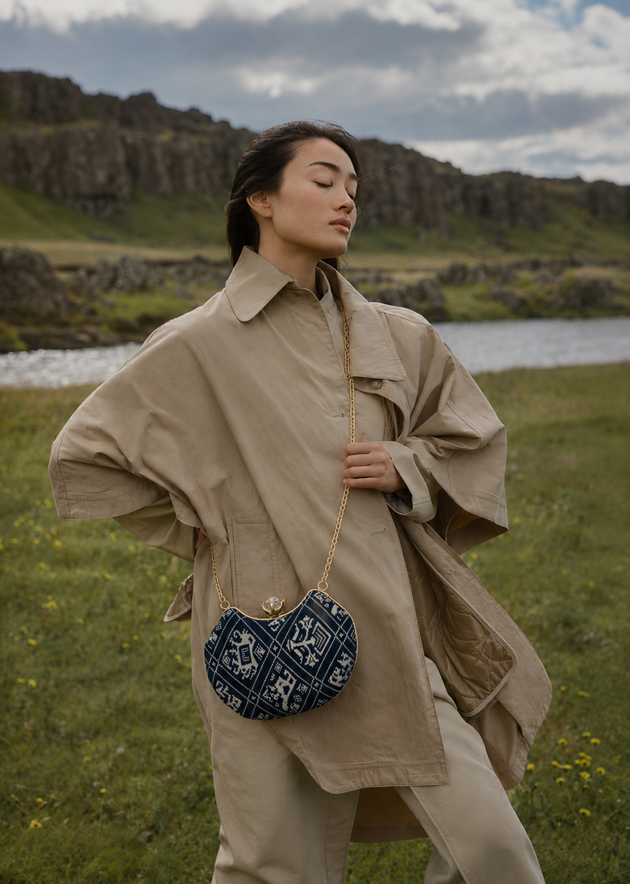 Neel Riwayat navy Ajrakh block-print Mashru silk handbag worn crossbody over a trench coat, outdoor countryside setting, House of Falguni
