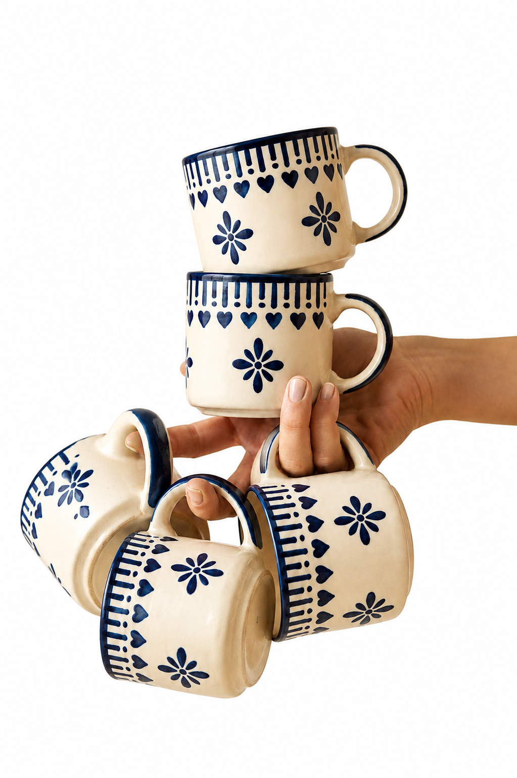 Saanjh Ceramic Cups, Hand-Painted Tea & Coffee Cups (Set of 6)