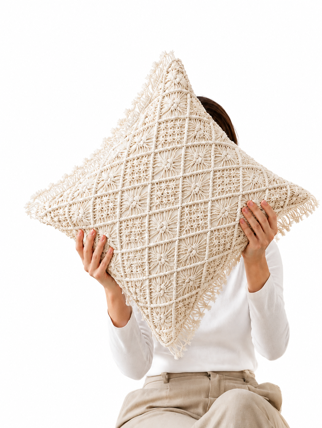 Chandni Macramé Cushion Cover, Hand-Knotted Ivory Throw Pillow Cover