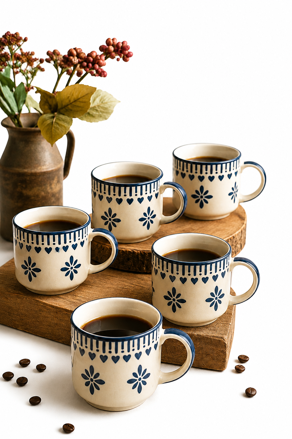 Saanjh Ceramic Cups, Hand-Painted Tea & Coffee Cups (Set of 6)