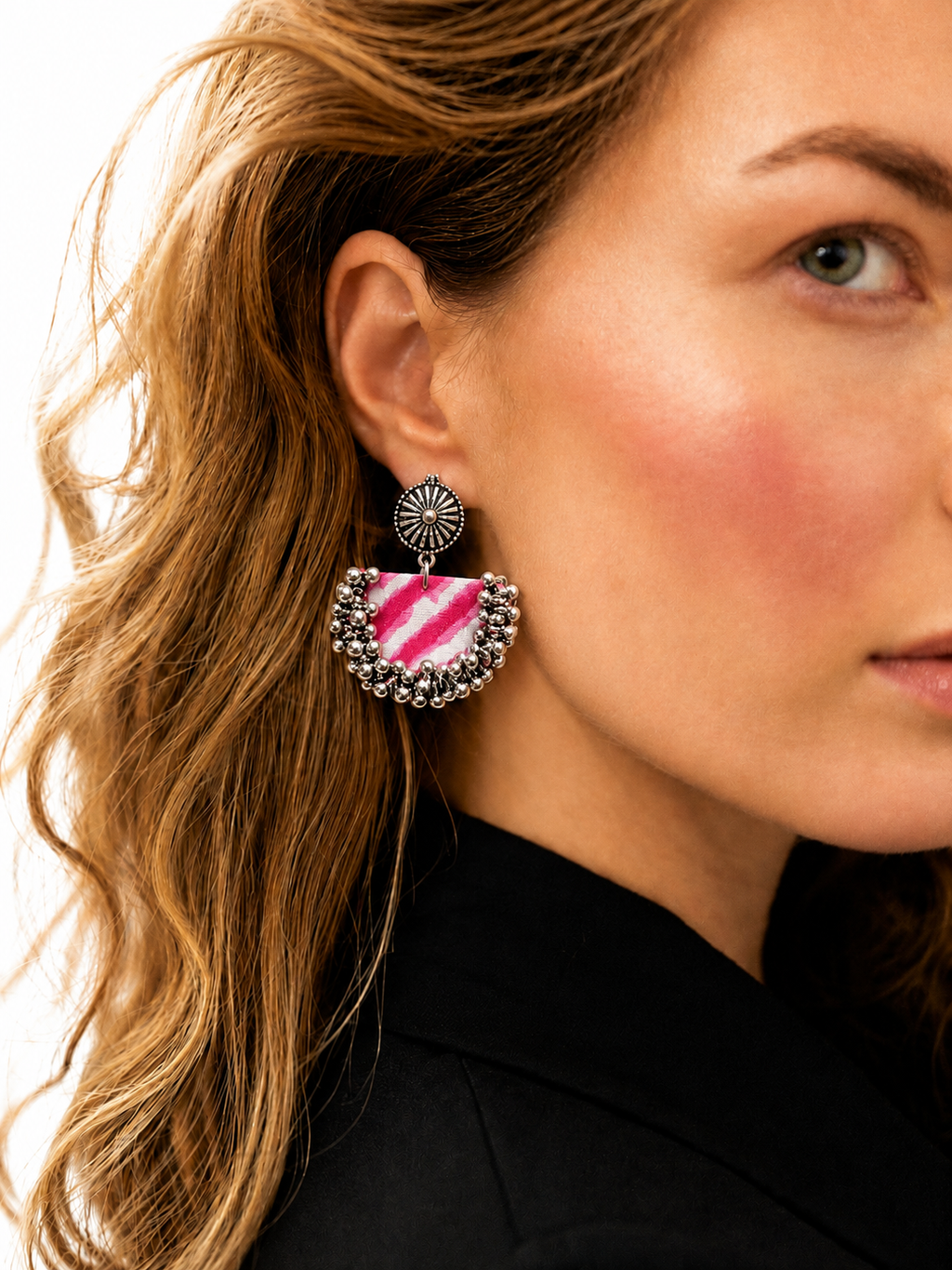 Pink and white tie-dyed fabric chandbali earring with silver ghungroo bells