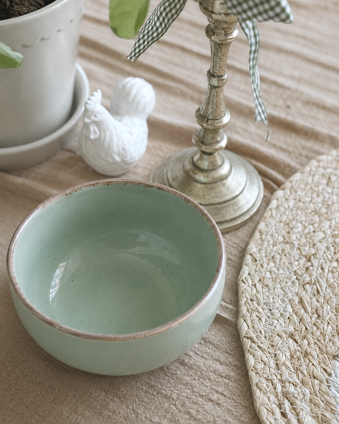 Tulsi Green Ceramic Serving Bowls, Reactive Glaze Katori (Set of 2)