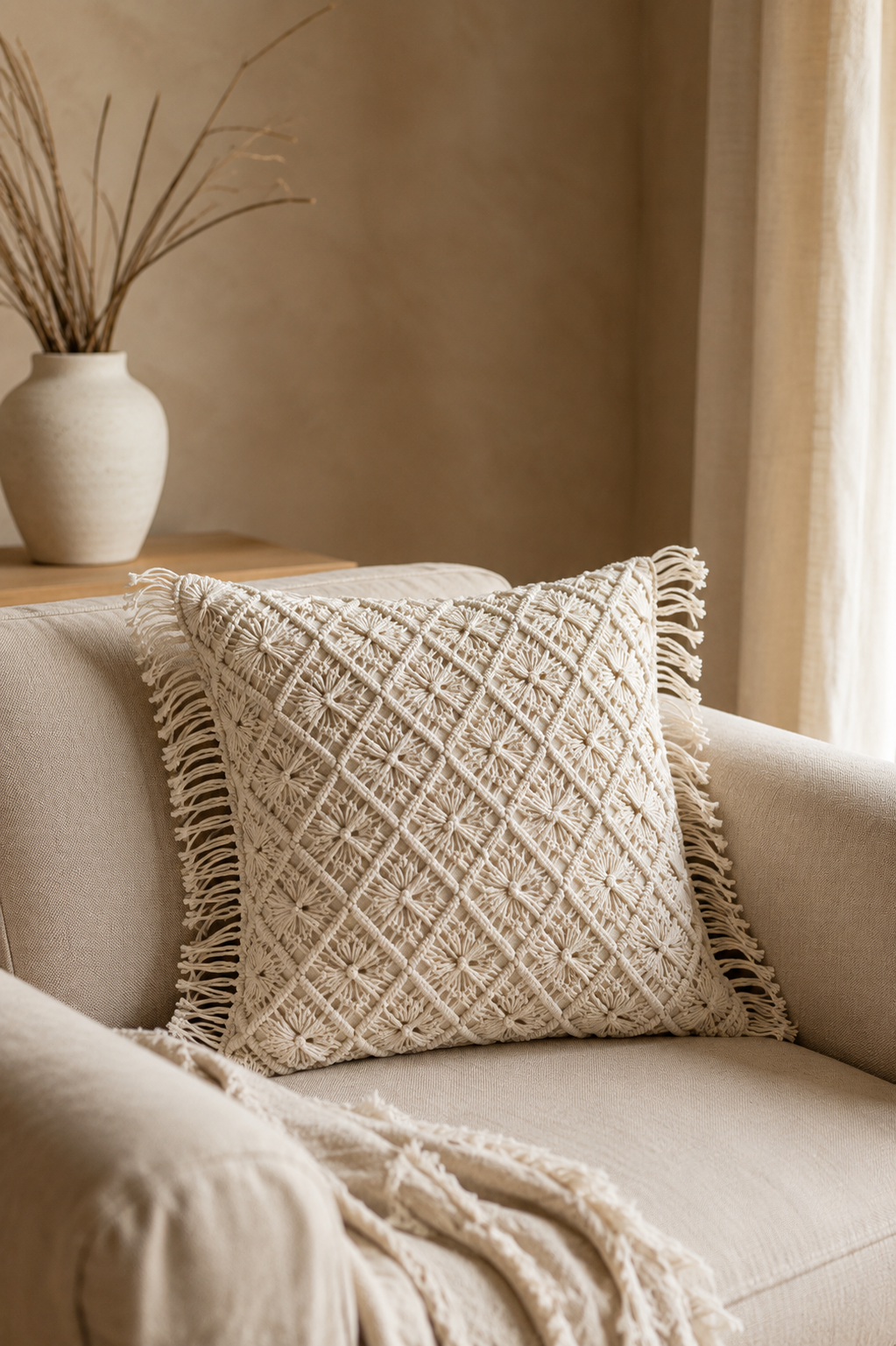 Chandni Macramé Cushion Cover, Hand-Knotted Ivory Throw Pillow Cover