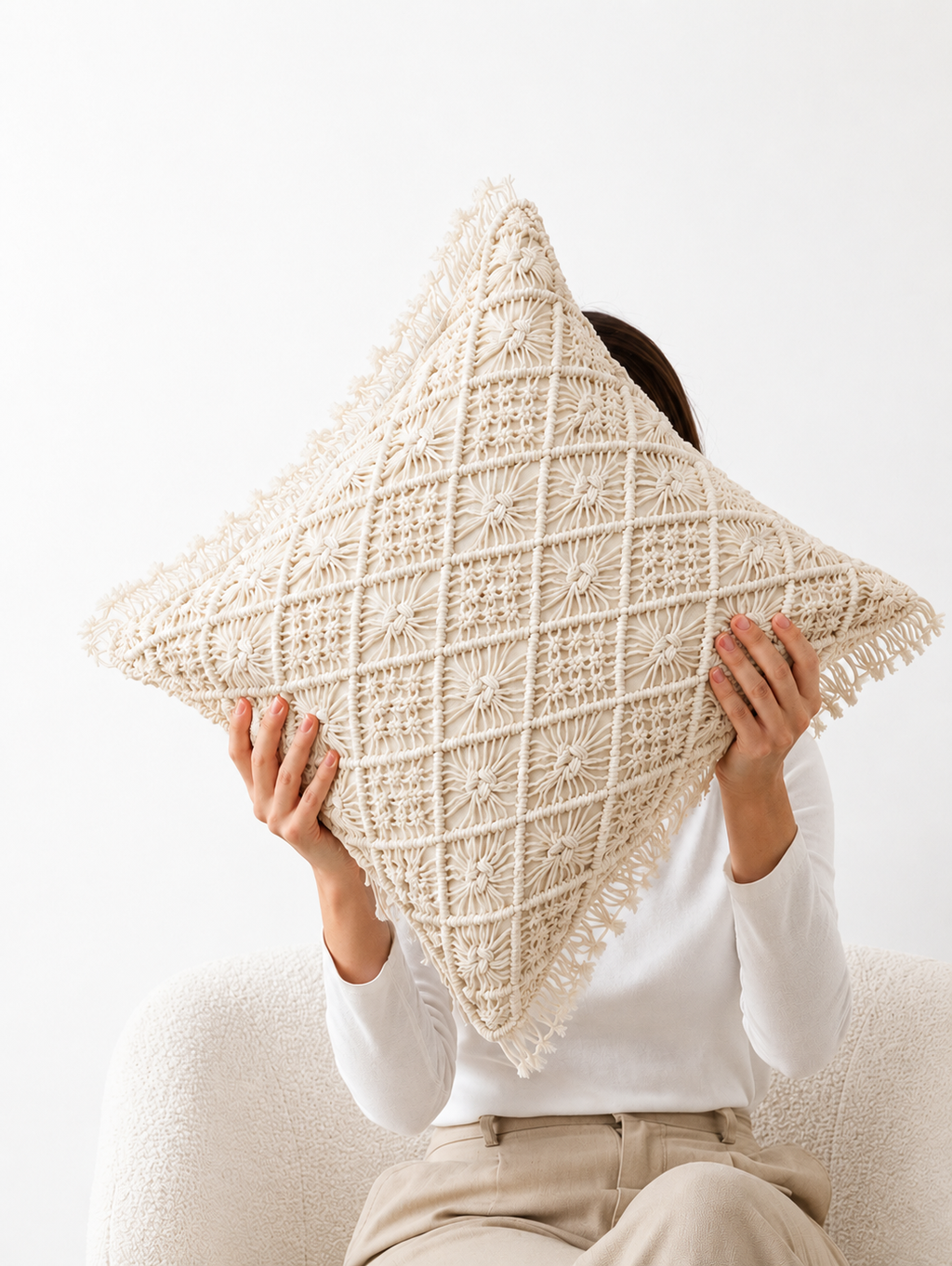 Chandni Macramé Cushion Cover, Hand-Knotted Ivory Throw Pillow Cover