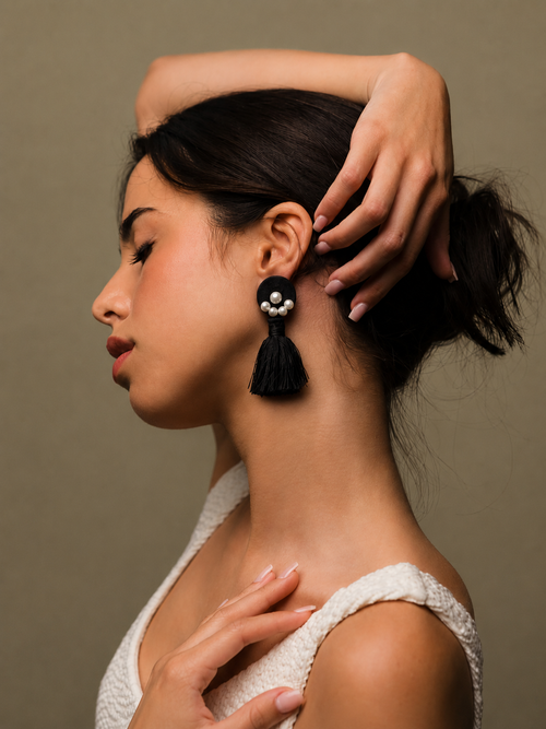 Black Pearl Tassel Earrings — handcrafted black pearl statement tassel earrings for women, House of Falguni
