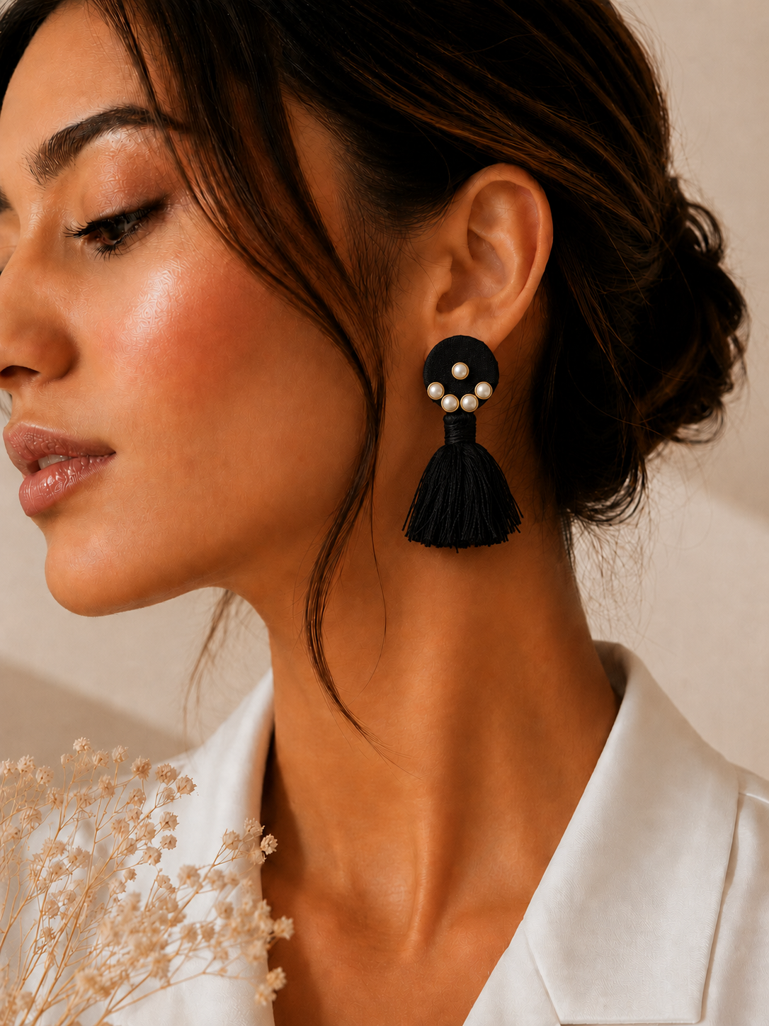 Black Bloom Earrings — handcrafted black pearl tassel statement earrings for women India