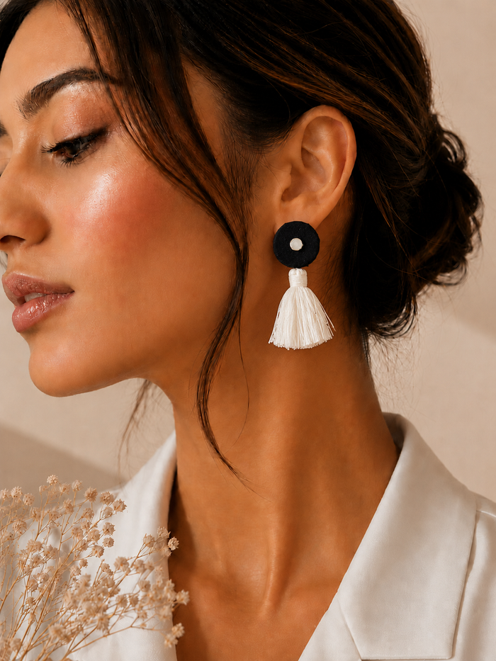 Midnight Mist Earrings — handcrafted navy mirror-work tassel earrings for women India