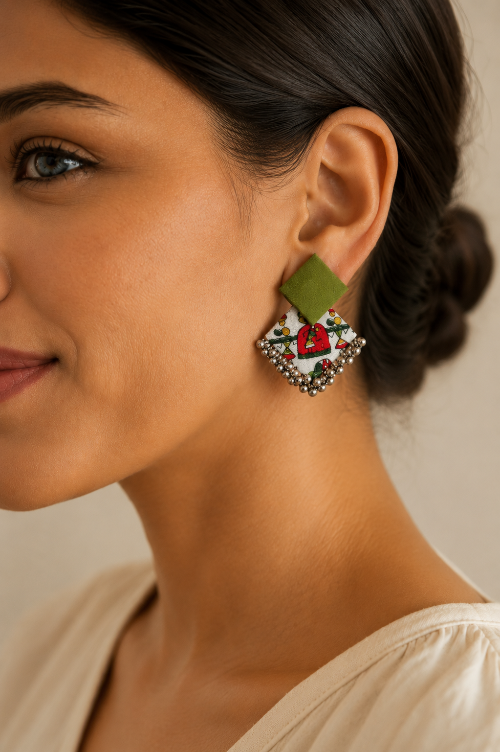 Geometric Ghungroo Earrings — handcrafted geometric drops for women, side view