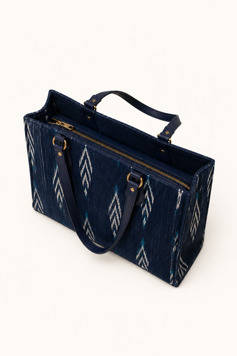 Handwoven ikat work tote for women — fits a 14 inch laptop, handcrafted in Ahmedabad