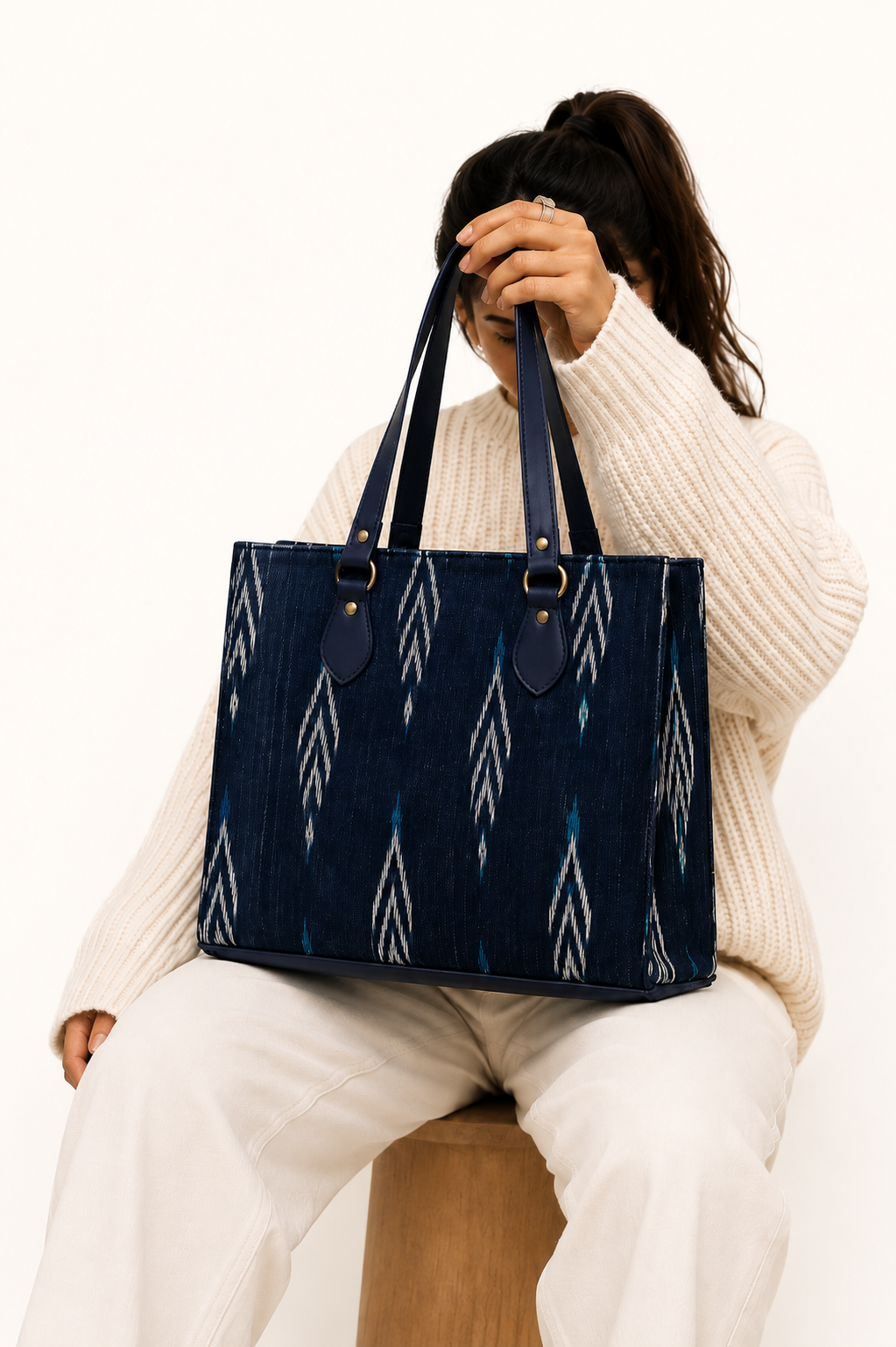 Ikat tote bag for women — handwoven vegan leather laptop work bag by House of Falguni, India