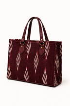 Handwoven ikat tote bag for women — work bag with vegan leather trim, India