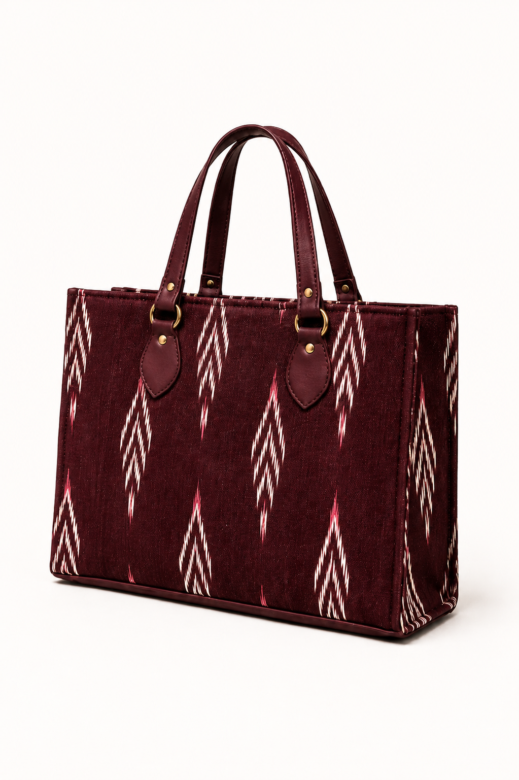 Handwoven ikat tote bag for women — work bag with vegan leather trim, India