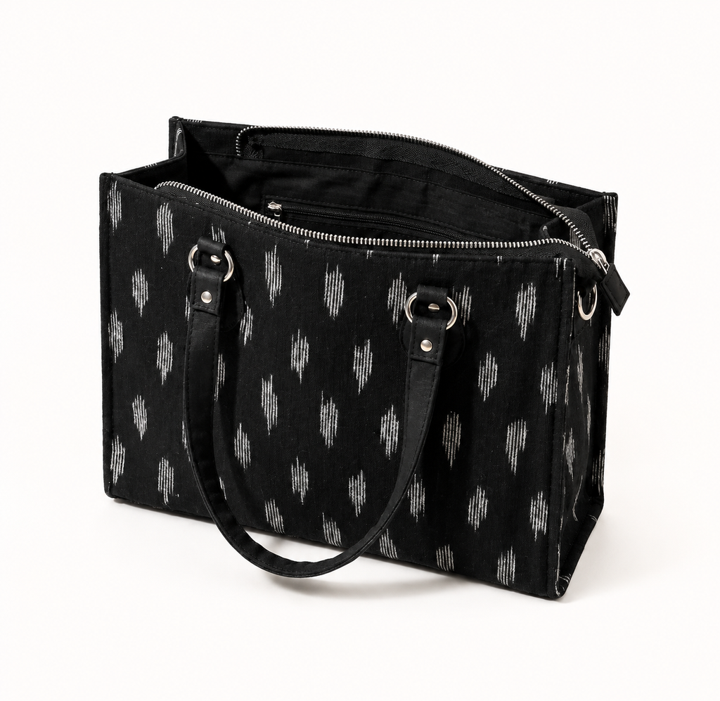 Women's ikat laptop tote — handwoven office work bag, handcrafted in Ahmedabad