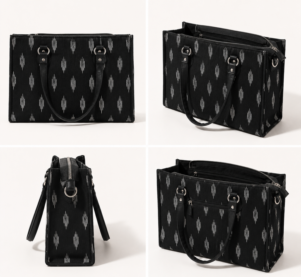 Ikat work tote bag for women — vegan leather handles, fits 14 inch laptop, India