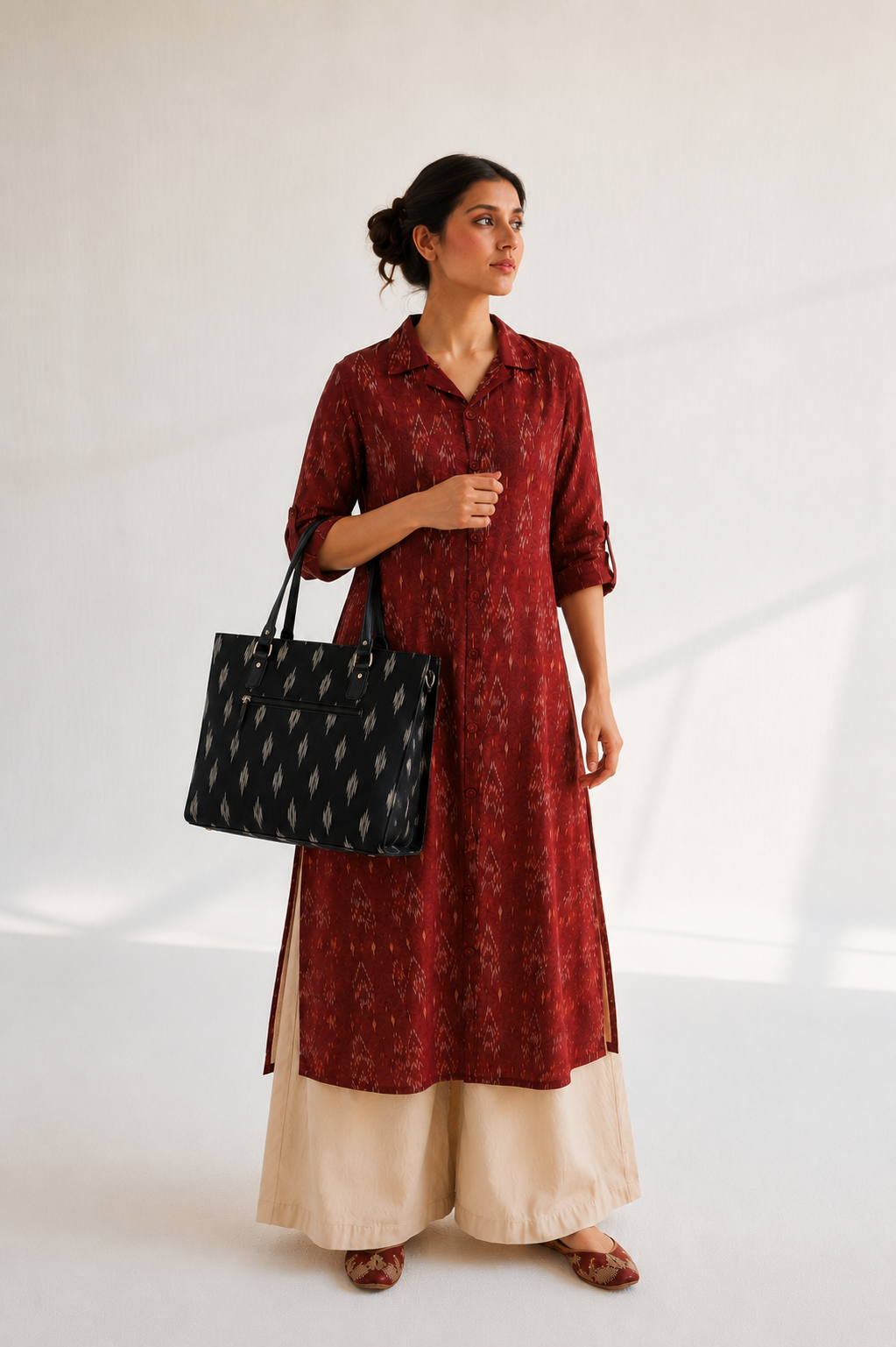 Handwoven ikat office tote for women — ethnic fusion laptop work bag, House of Falguni India