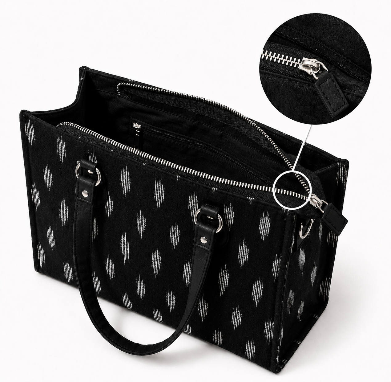 Handwoven ikat laptop tote for women — work bag with vegan leather handles, House of Falguni