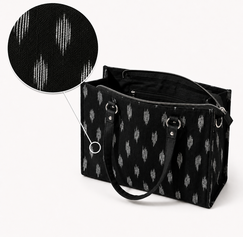 Ikat work tote for women — handwoven ethnic fusion laptop bag, House of Falguni India