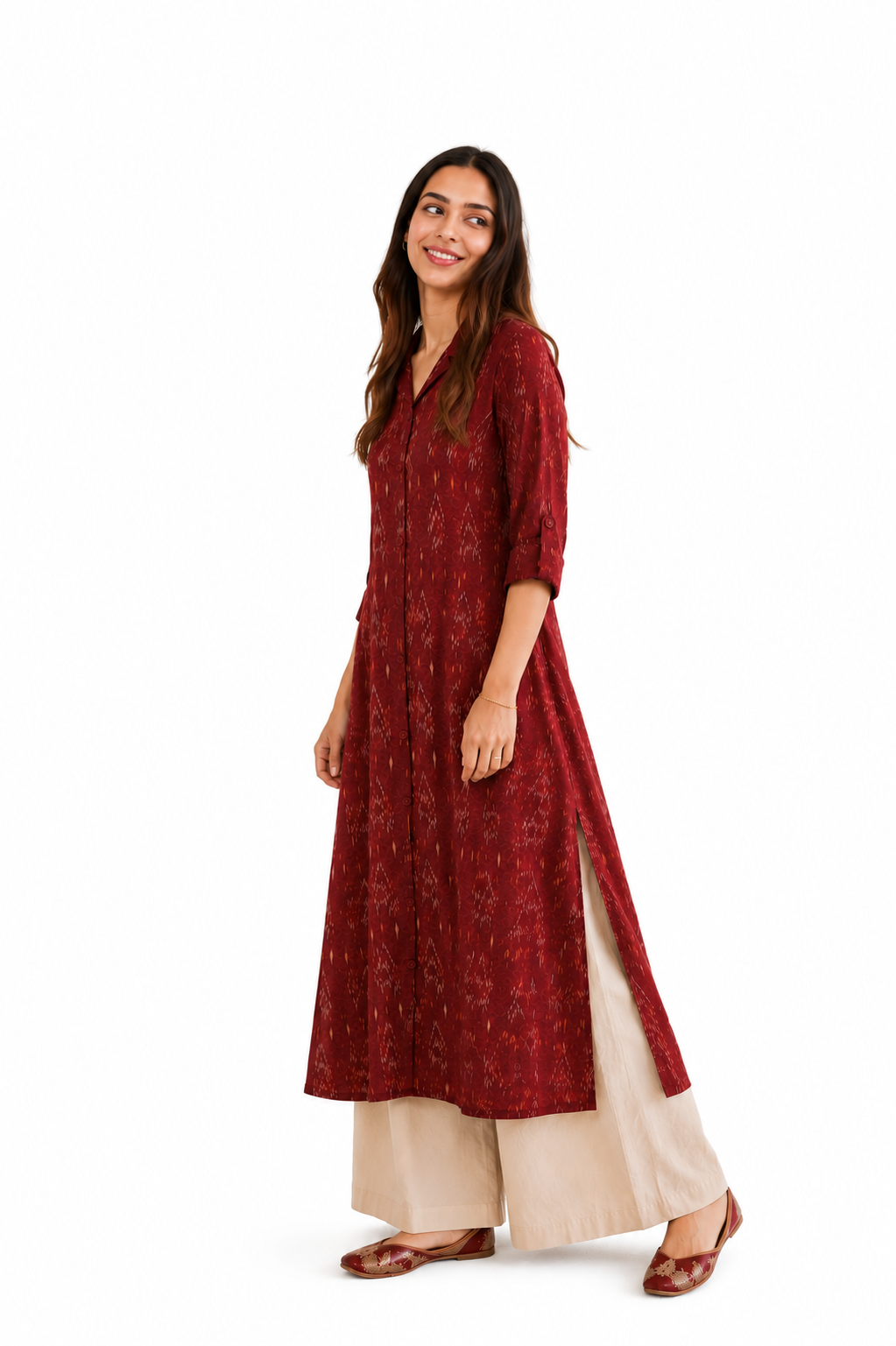 Ruby Raga Collar Kurta — maroon ikat handcrafted collar kurti for women, ethnic fusion workwear