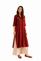 Ruby Raga Collar Kurta — maroon ikat weave collar kurti for women, handcrafted in Ahmedabad
