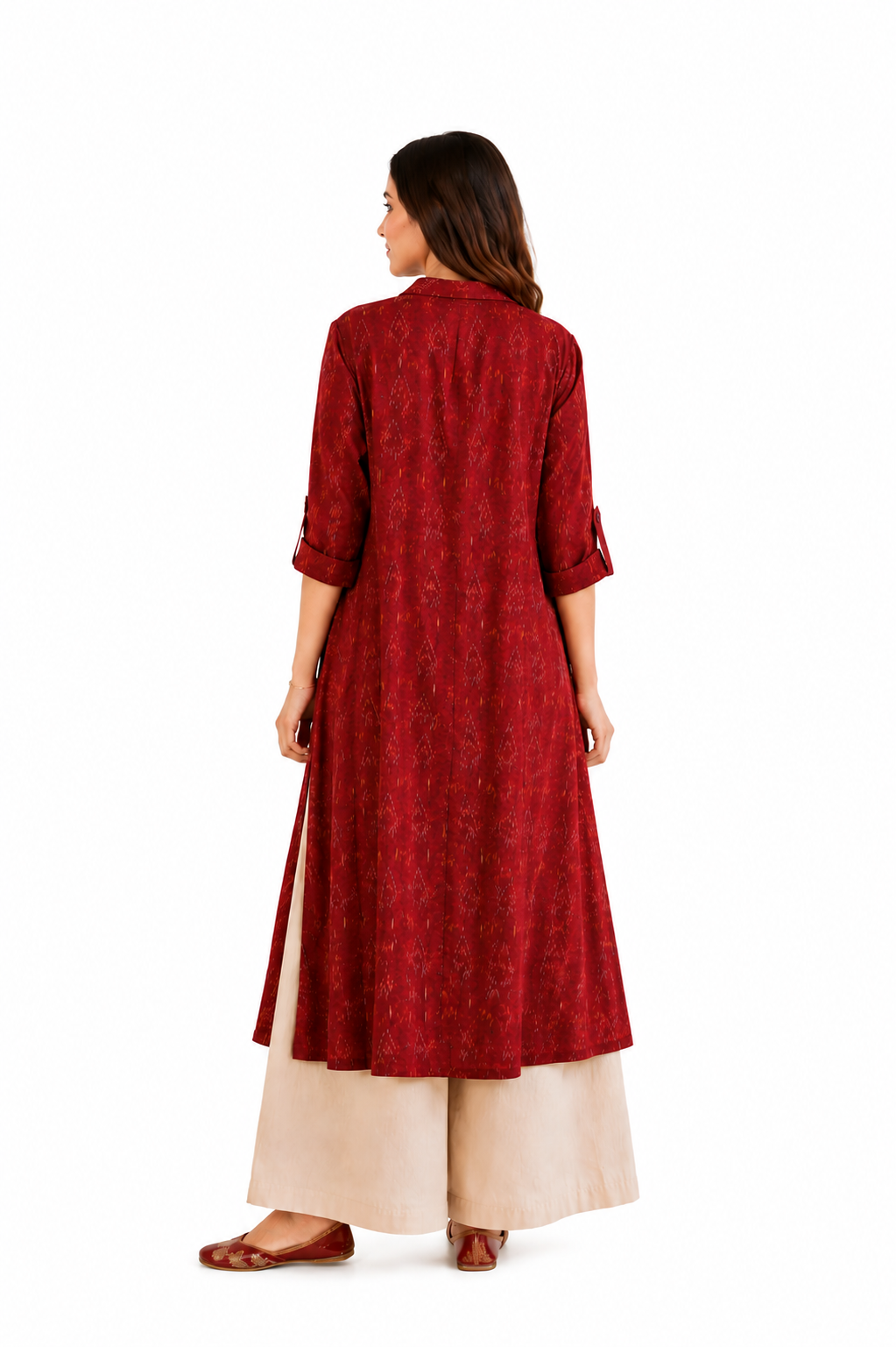 Ruby Raga Collar Kurta for Women "A Maroon Ikat Ethnic Fusion Kurti"