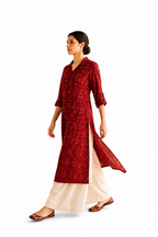Ruby Raga Collar Kurta — maroon ikat handcrafted collar kurti for women, ethnic fusion, House of Falguni