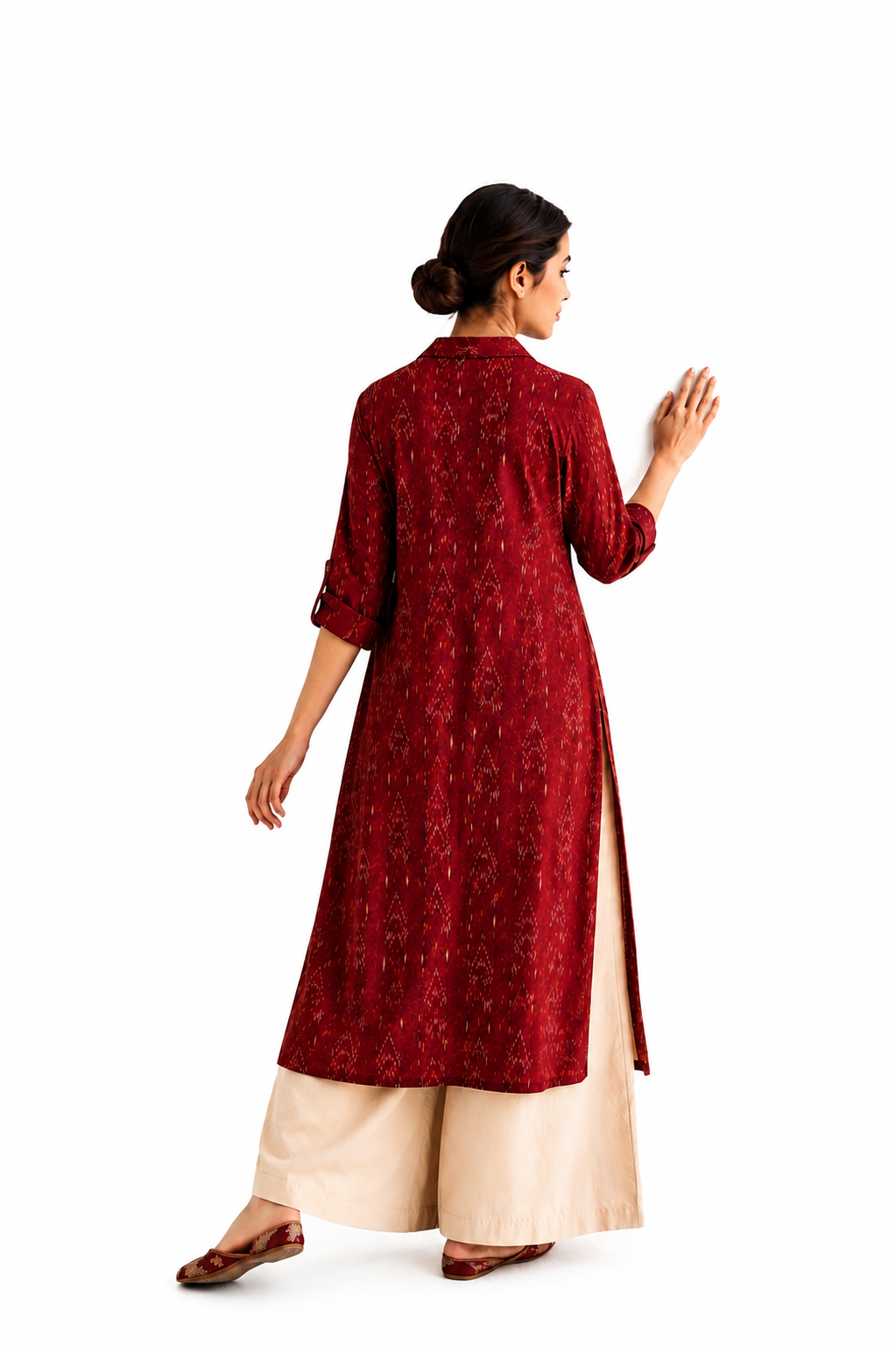 Ruby Raga Collar Kurta — maroon ikat collar kurti for women, traditional-modern, House of Falguni