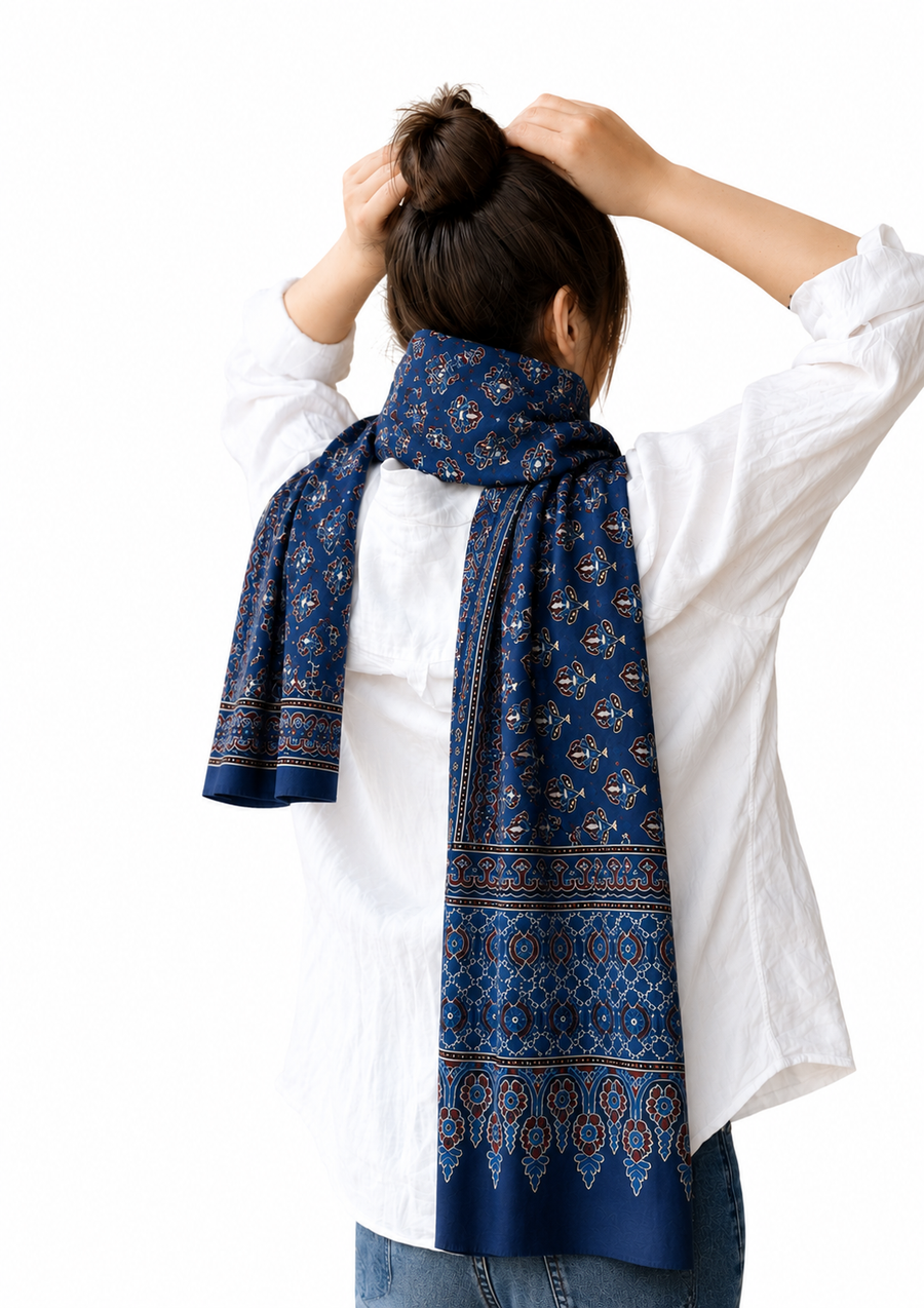 Nilufar Modal Silk Stole — handcrafted Ajrakh block-print modal silk stole for women, House of Falguni