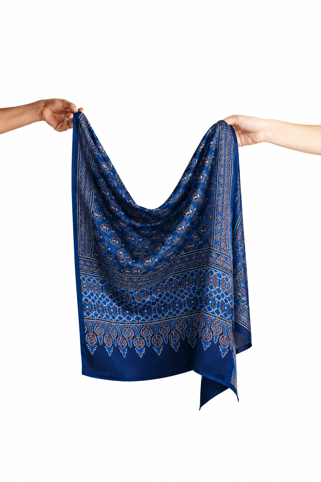 Navy Ajrakh modal silk stole held open to show the full print and its wide hand block-printed border